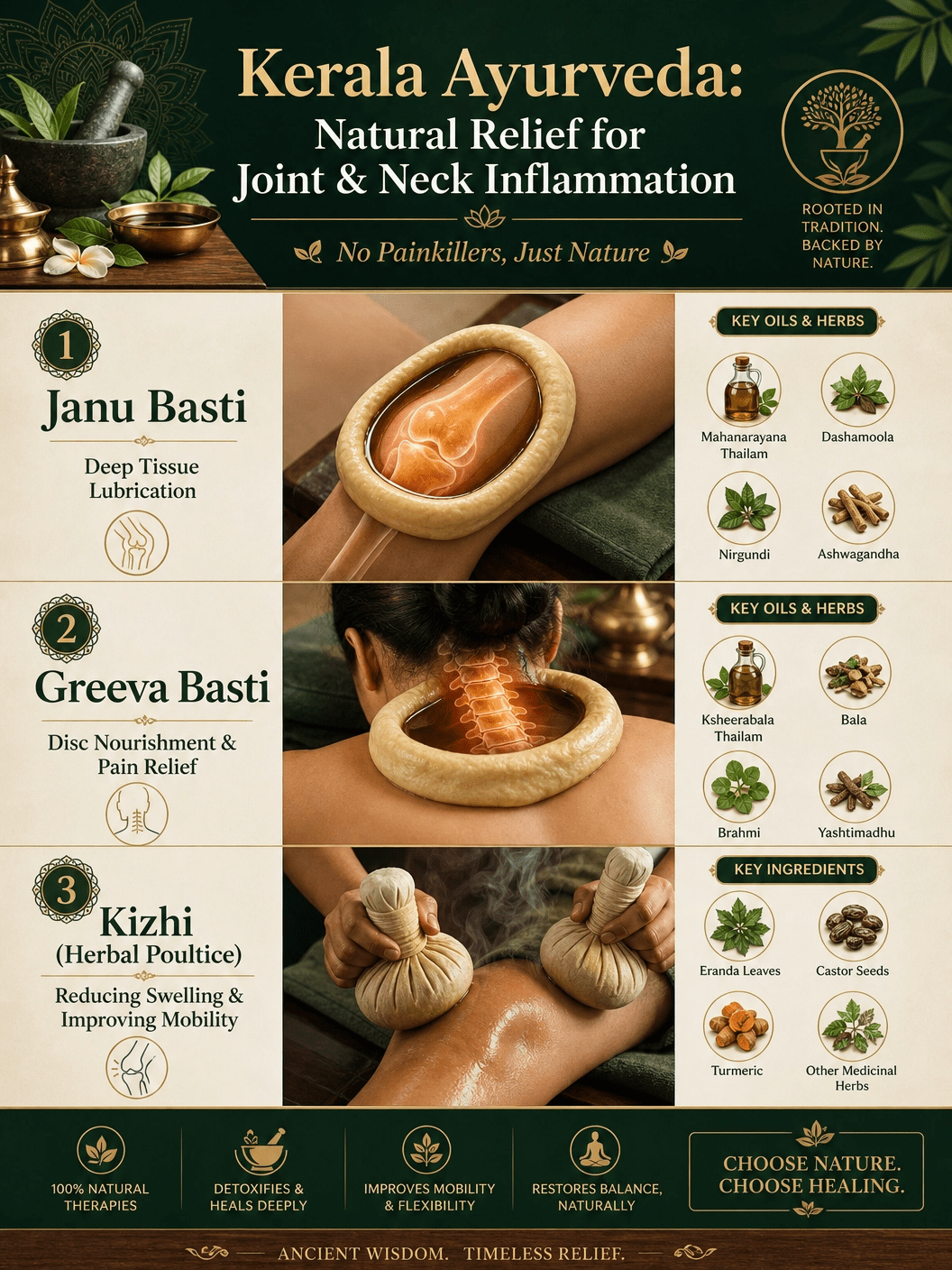 Kerala Ayurveda Therapies for Joint and Neck Inflammation Infographic