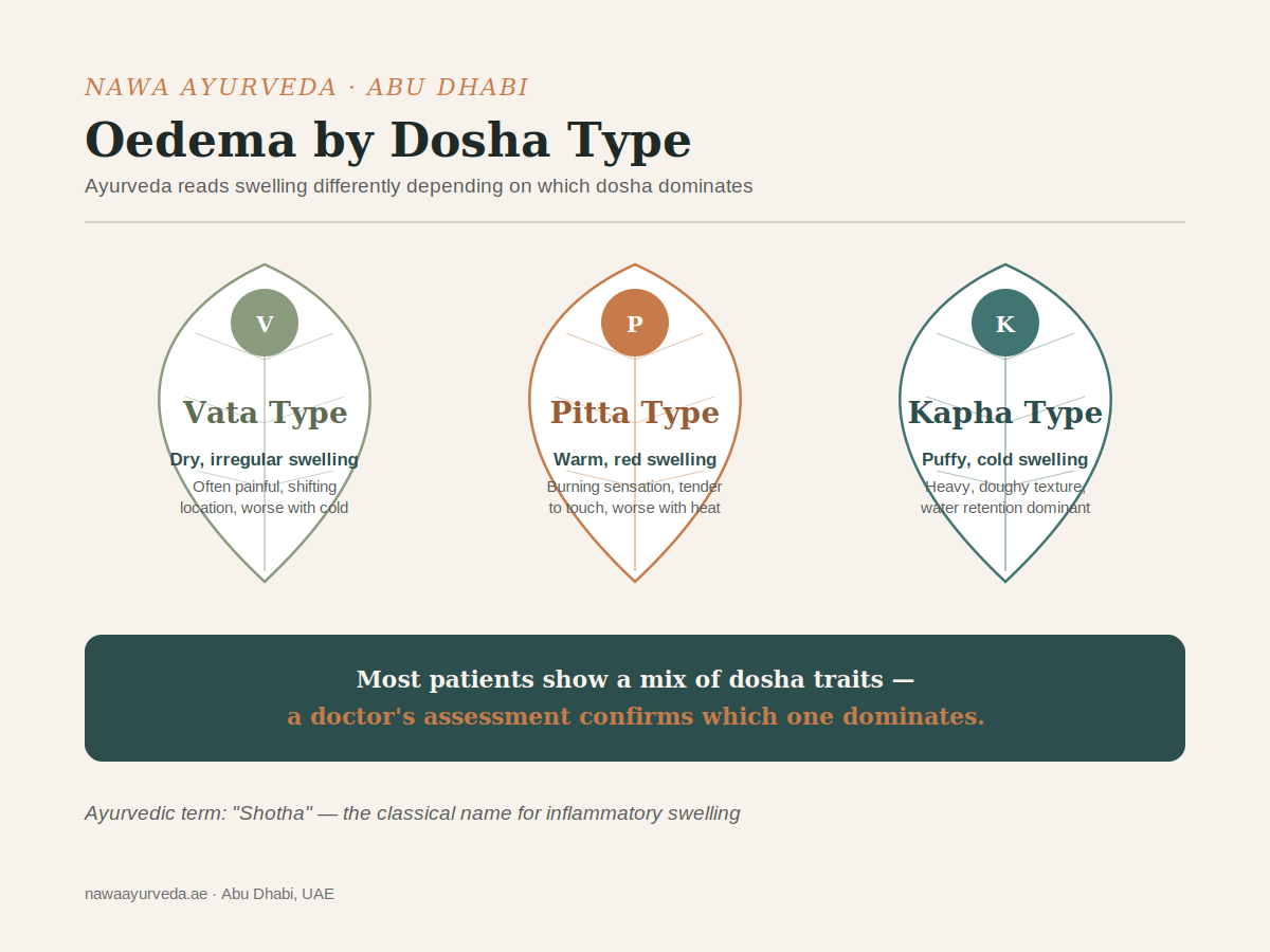 Infographic comparing Vata, Pitta and Kapha type oedema by their distinct symptoms in Ayurveda
