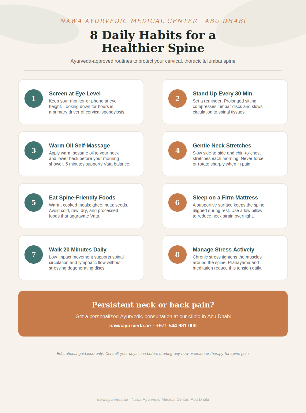 Poster showing 8 daily spine health habits for spondylosis including screen height, movement breaks, warm oil massage, neck stretches, spine-friendly foods, sleep posture, walking, and stress management